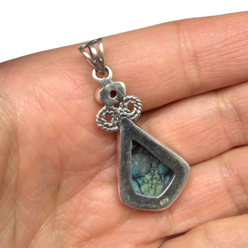 Tibetan Turquoise Garnet Necklace Pendant Solid 925 Sterling Silver